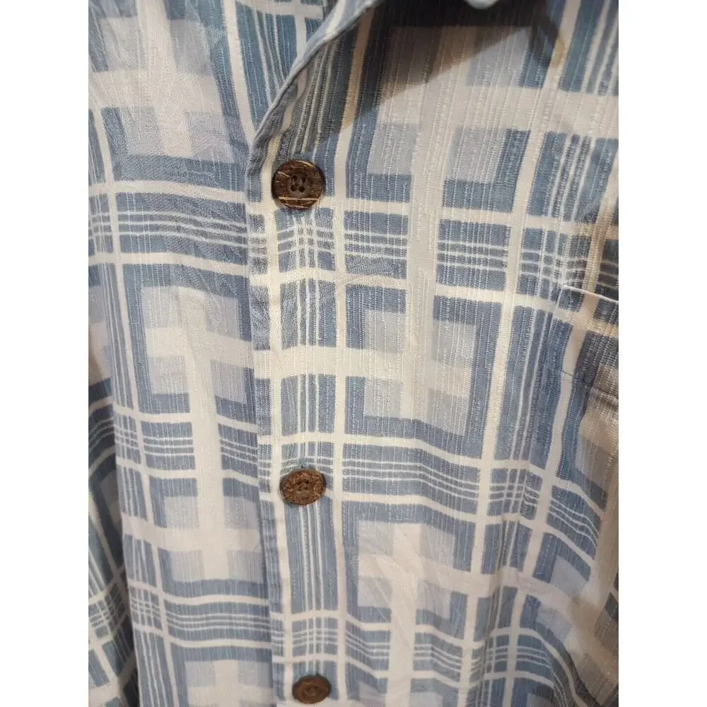 Tommy Bahama Silk shirt Textured‎ Short Sleeve Blue Square Print 2X-Large
